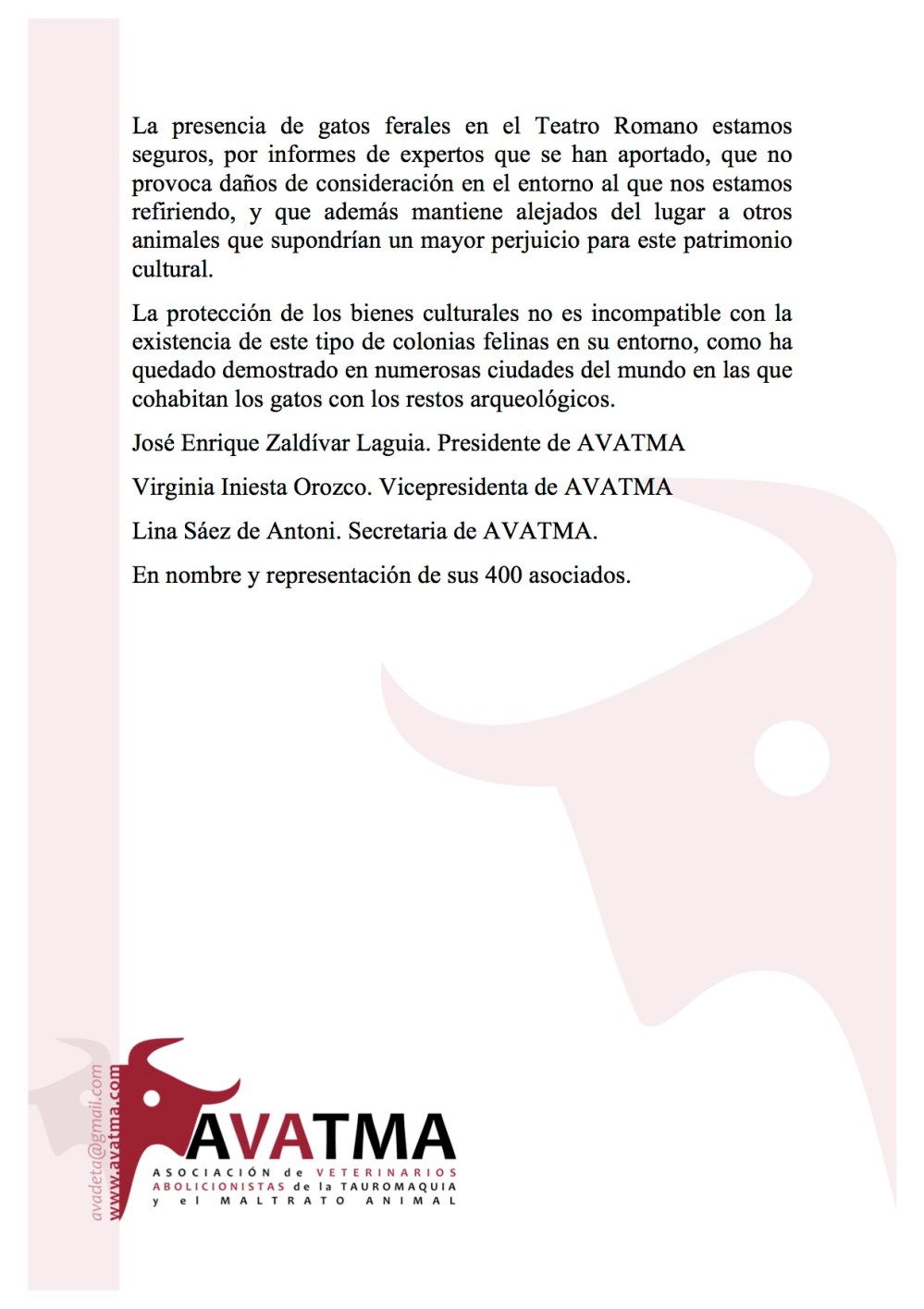 COMUNICADO DE AVATMA 2 SOBRE LA PRESENCIA DE UNA COLONIA FELINA CONTROLADA EN EL TEATRO ROMANO DE LA CIUDAD DE ZARAGOZA